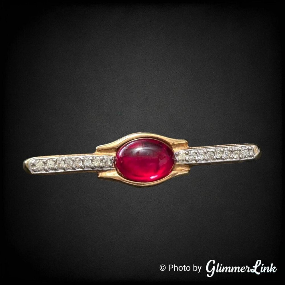 Vintage Dotty Smith Red Cabochon Rhinestones Gold Tone Unisex Bar Brooch